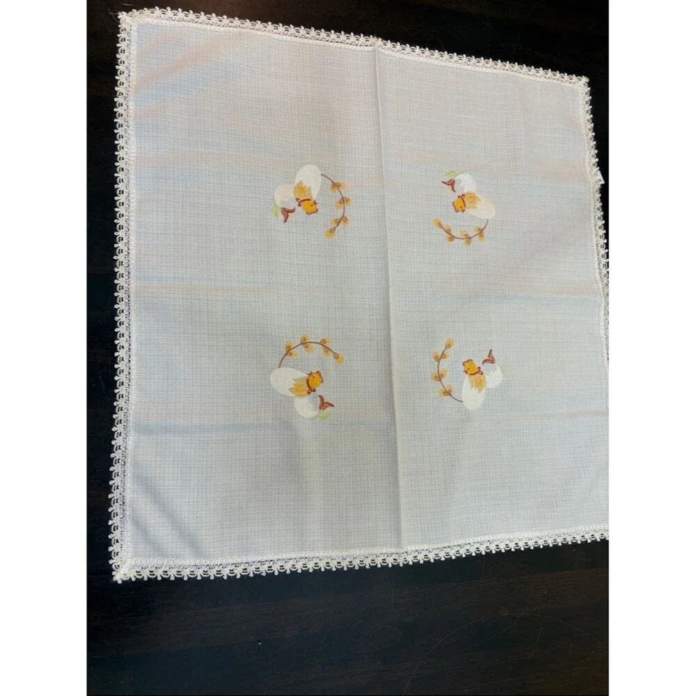 Embroidered Chick Egg White Linen Tablecloth with Crochet Edge